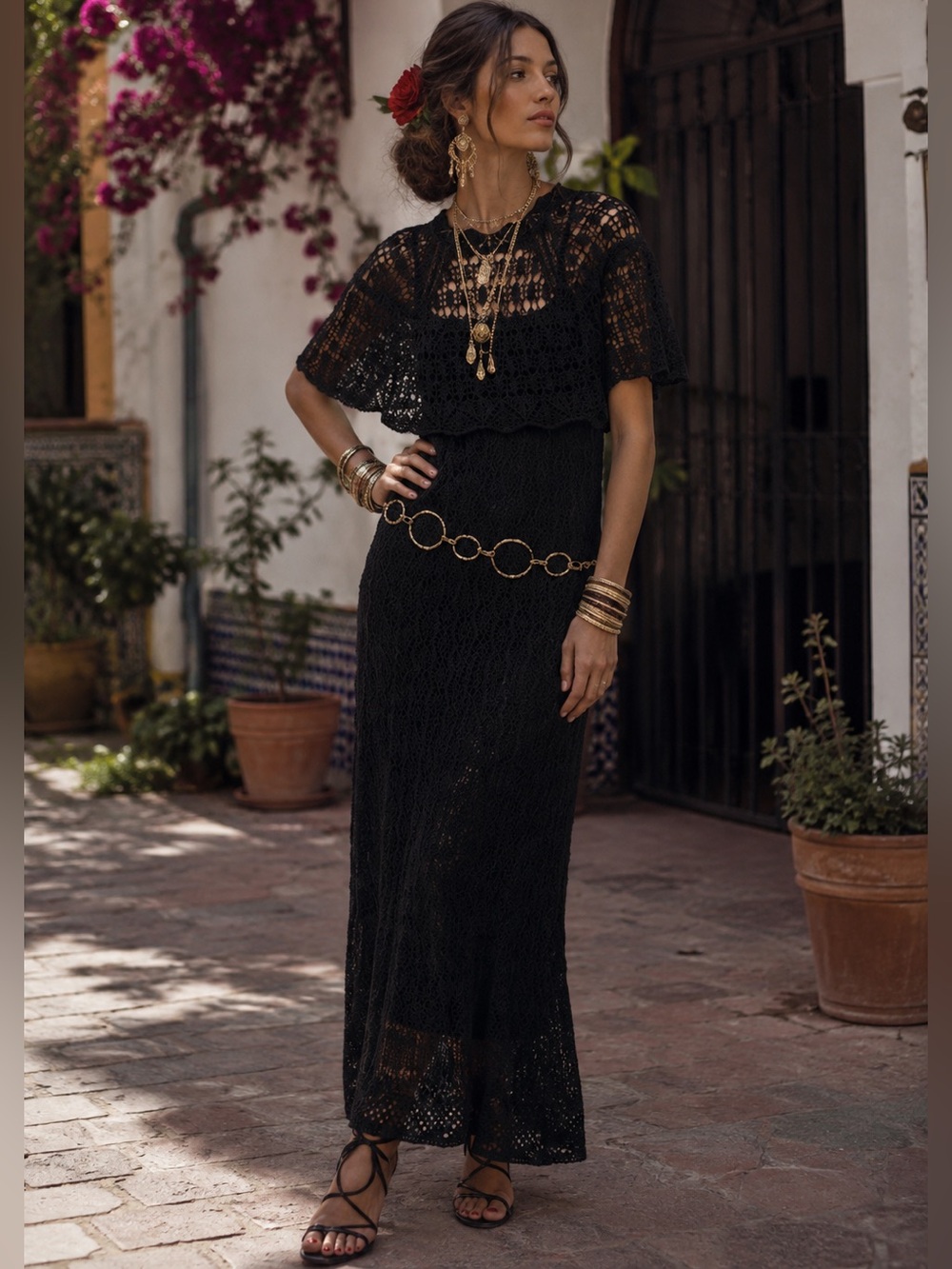 Zara POINTELLE KNIT RUFFLE LONG DRESS black Sz M